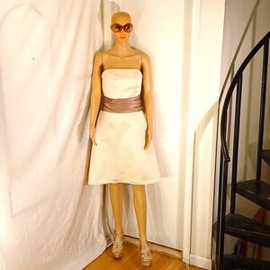 🔥 🔥 NWT Bill Levkoff Cream Open Shoulder Dress With Caramel/Tan Waist Tie
